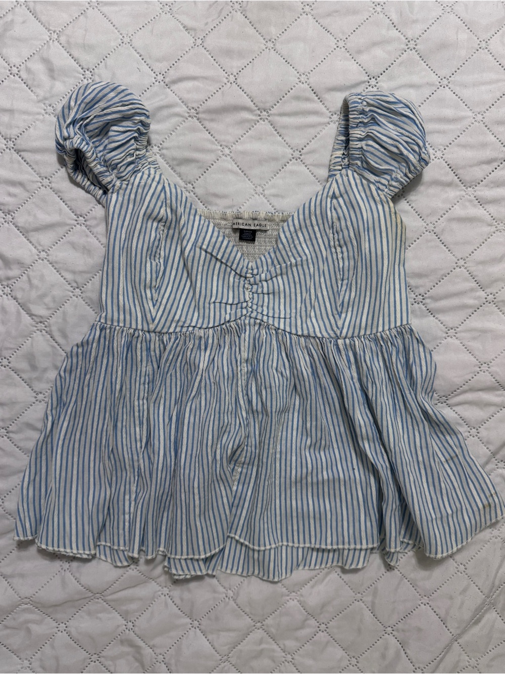 American Eagle Outfitters Blue & White Striped Puff-Sleeve Peplum Crop Top